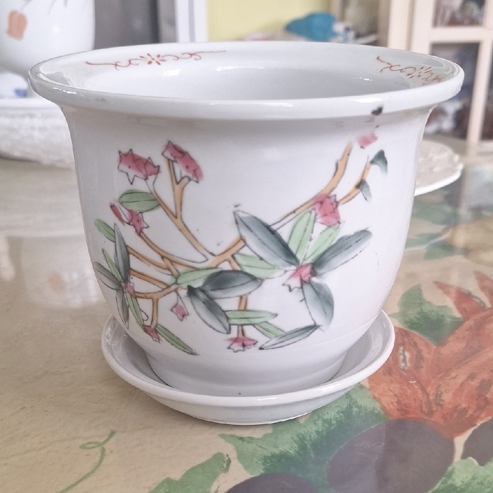 Unique Vintage Floral Ceramic Planter with Saucer